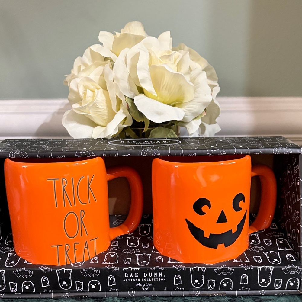 Rae Dunn Artisan Collection Orange Ceramic Pumpkin and “trick or treat” Mug Set